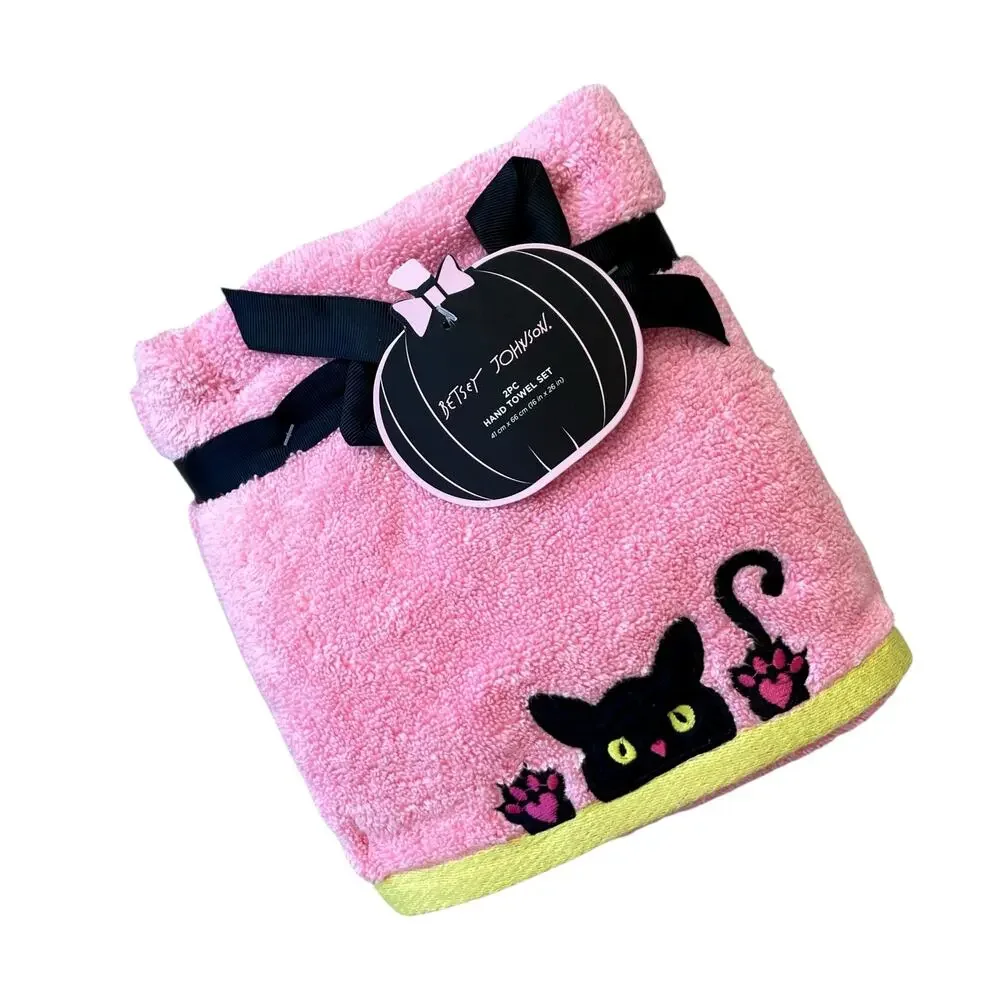 Betsey Johnson Pink Halloween Cat Hand Towels 16x26 Cotton Embroidered Set of 2